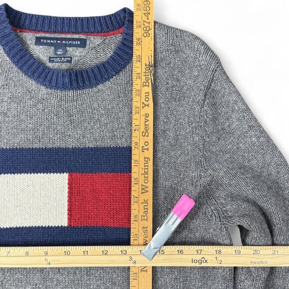Tommy Hilfiger Crewneck Sweater Mens Large Flag Logo Preppy 90s Y2K Wool Gray L - Picture 8 of 8